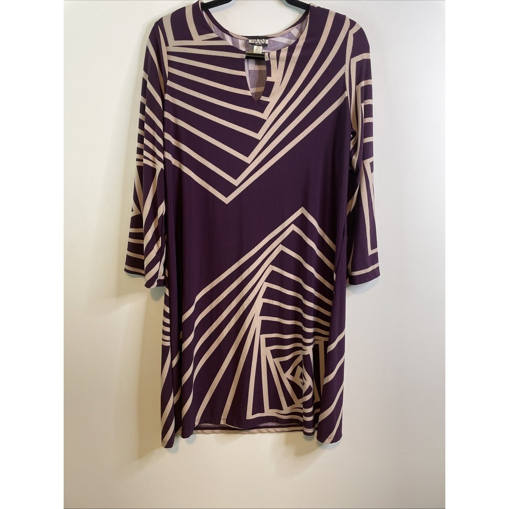 Haani Petite PXL Purple Geometric Shift Dress 3/4 Sleeve Stretch Tunic